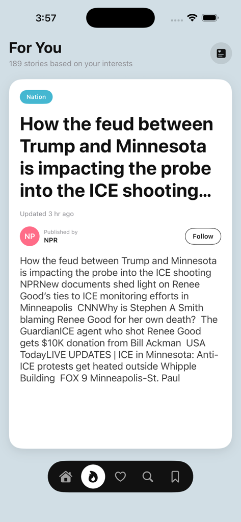 US Breaking News Alerts - US Breaking News Alerts app showing a news article headline from NPR in the For You section