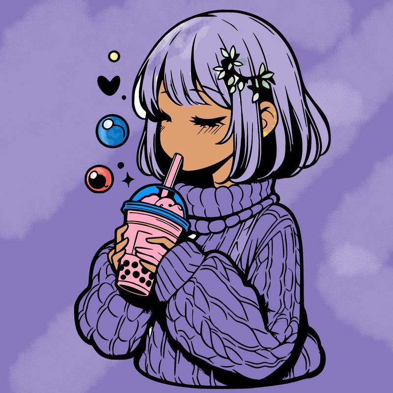 manga girl drinking boba in cozy sweater