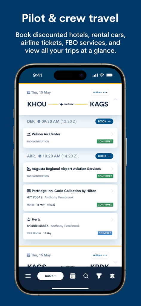 FlightBridge app dashboard showing a trip schedule with confirmed FBO services hotel and rental car details