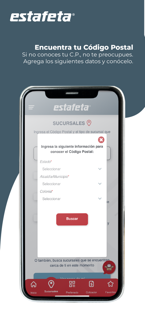 Interface do aplicativo Estafeta mobile mostrando a ferramenta de pesquisa de código postal com campos de seleção para estado e município.