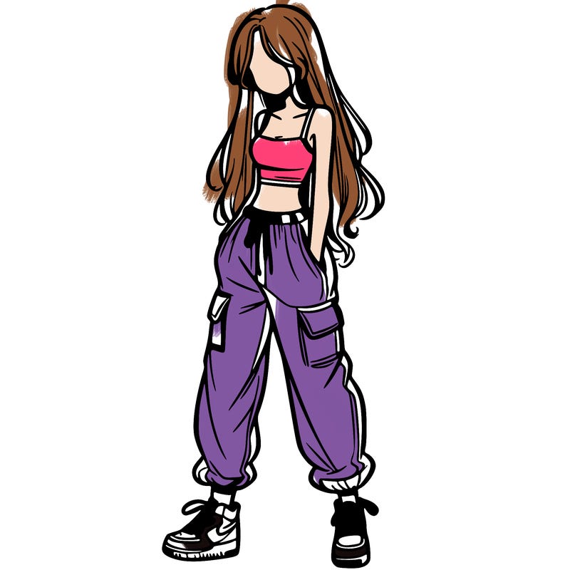 girl in baggy pants crop top and long hair