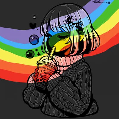 manga girl drinking boba in cozy sweater