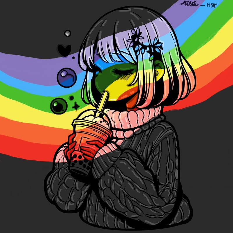 manga girl drinking boba in cozy sweater