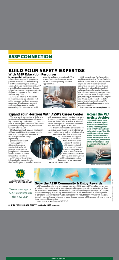 ASSP Connection magazine page showcasing safety education career center and article archives