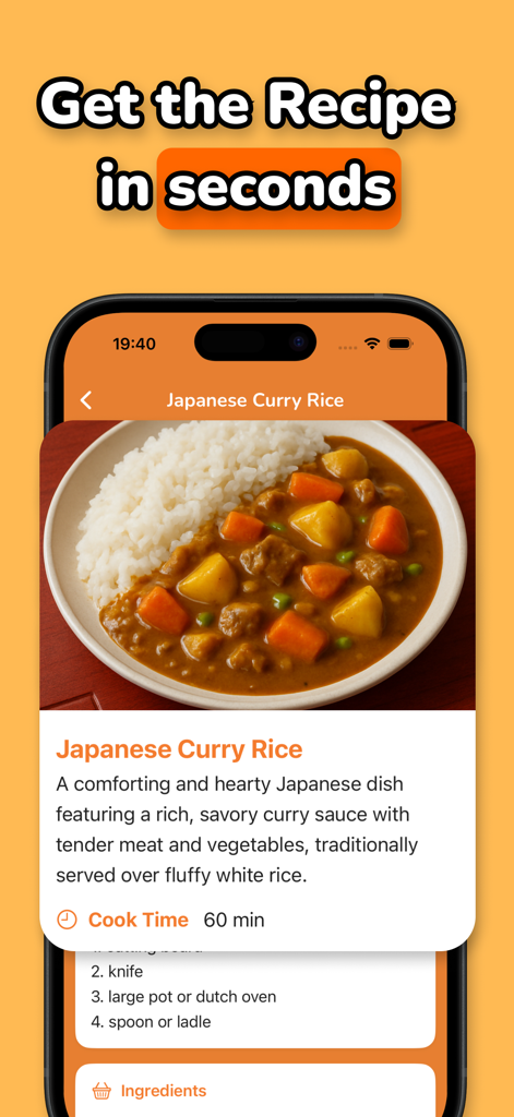 Mama AI - Recipe Identifier - Mama AI app displaying a Japanese Curry Rice recipe with photo and cooking instructions