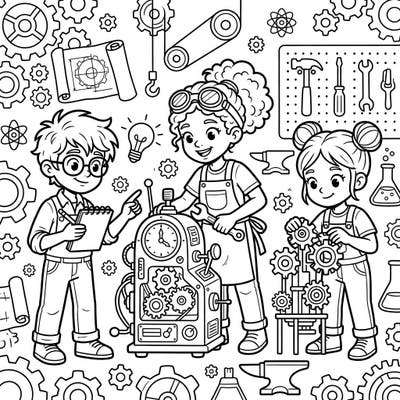 Dive into the fascinating world of invention and innovation with this engaging coloring page, perfect for curious kids. Watch as young industrial innovators bring their creative ideas to life, surrounded by intricate gears and scientific tools.
