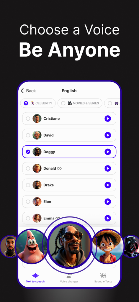 Speech Lab - Voicemod TTS - Speech Lab app interface showing a list of AI celebrity voices including Snoop Dogg and Donald Trump