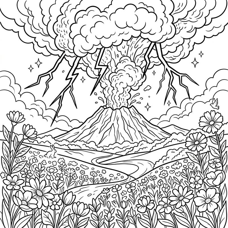 Witness nature's raw power meeting gentle beauty in this unique coloring page, where a dramatic volcanic eruption with lightning is set against a vibrant spring landscape filled with blooming flowers.