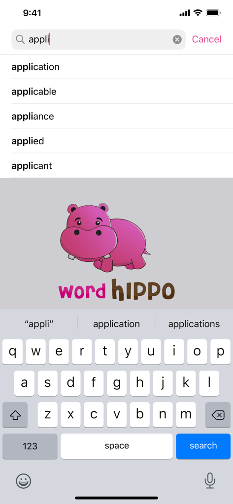 Word Hippo app search screen showing word suggestions and hippo mascot logo