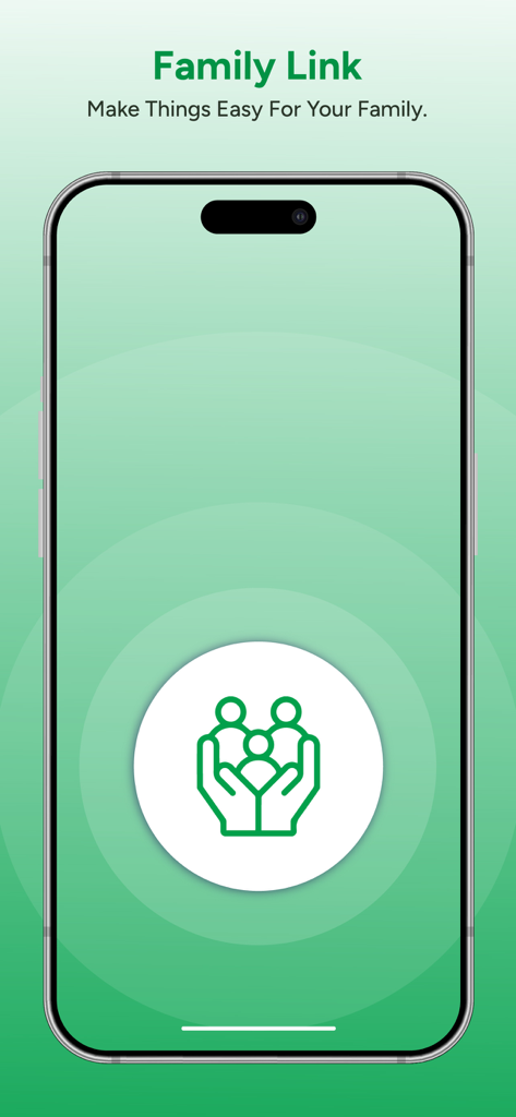 Family Link feature in the My Debt Manager app showing an icon of a family held by protective hands on a green background.