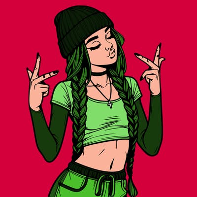 realistic teenage girl with braids and a beanie and crop top doing 🫶🏼