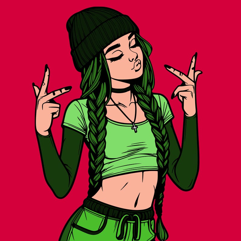 realistic teenage girl with braids and a beanie and crop top doing 🫶🏼