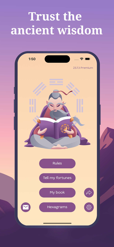 I Ching Fortune Teller - Tela inicial do aplicativo Oráculo de I Ching com uma ilustração de sábio e botões de menu