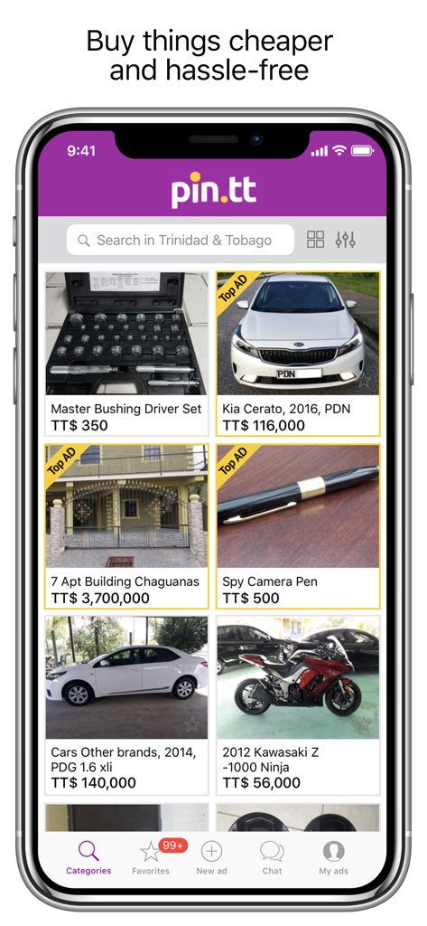 Pin.tt - Pin.ttモバイルアプリのインターフェース。トリニダード・トバゴの車、不動産、電化製品の様々なクラシファイド広告を表示しています。