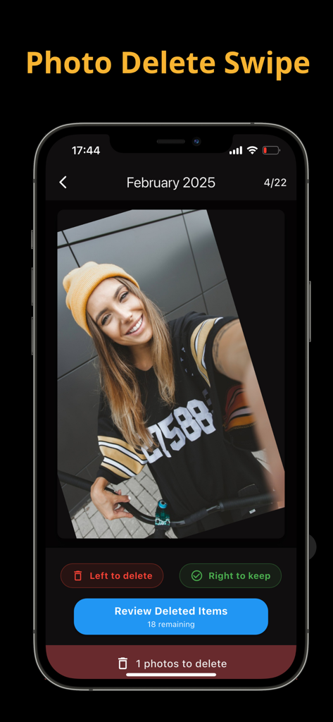 Photo Delete Swipe - iPhone interface of Photo Delete Swipe app showing a gallery cleaning feature with swipe left to delete and right to keep options