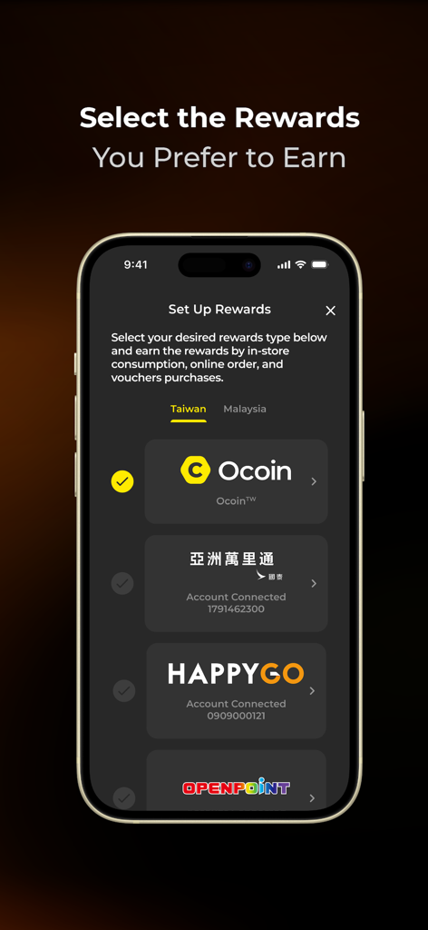 Ocard: Rewards and Coupons - Ocard app interface for selecting preferred loyalty rewards including Ocoin and airline miles
