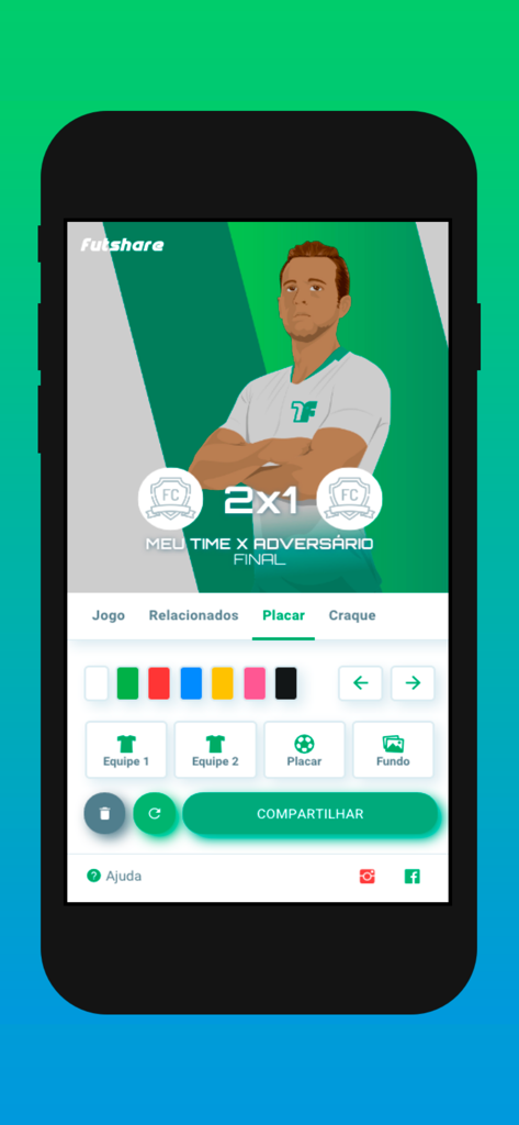 futshare - Futshare app interface for creating amateur soccer match score graphics