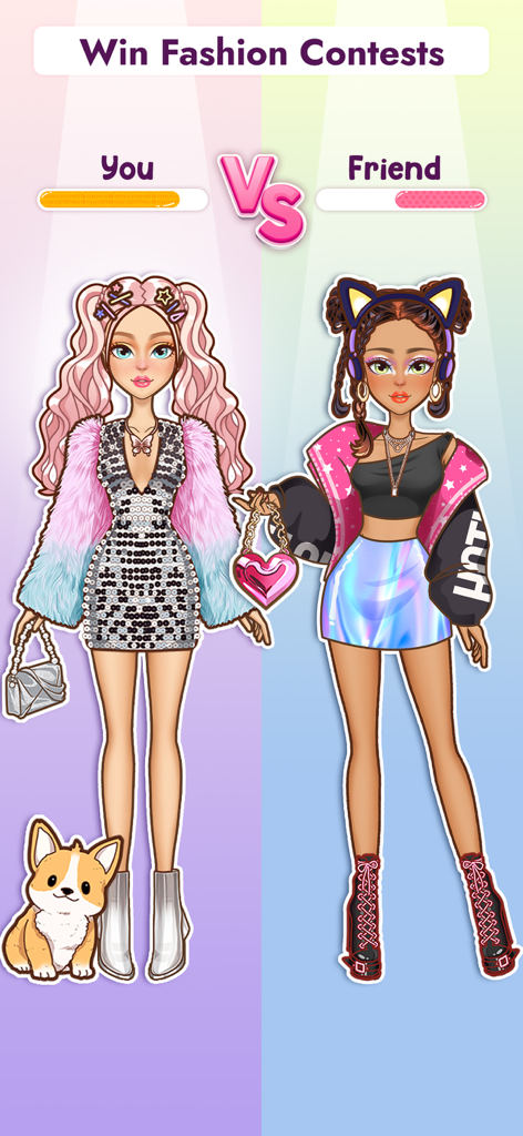 Dos muñecas de papel compitiendo en una batalla de moda con atuendos y accesorios elegantes.