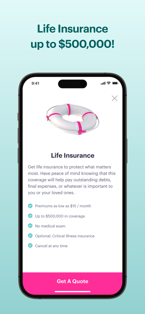 Goose Insurance - Goose Insurance app screen displaying life insurance coverage up to five hundred thousand dollars with no medical exam.