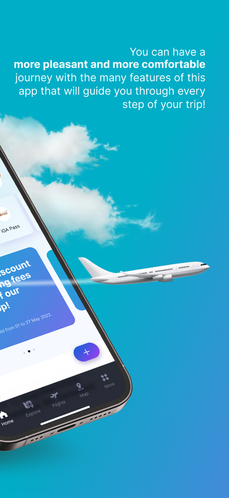 Istanbul Airport - Istanbul Airport app interface showing travel features and an airplane illustration against a blue sky background