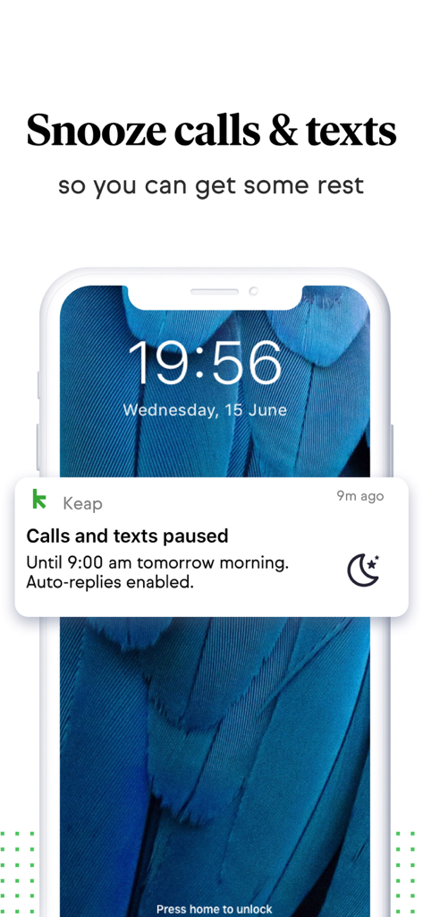 Captura de tela do aplicativo Keap Mobile mostrando uma notificação de telefone para chamadas e textos pausados com respostas automáticas ativadas.