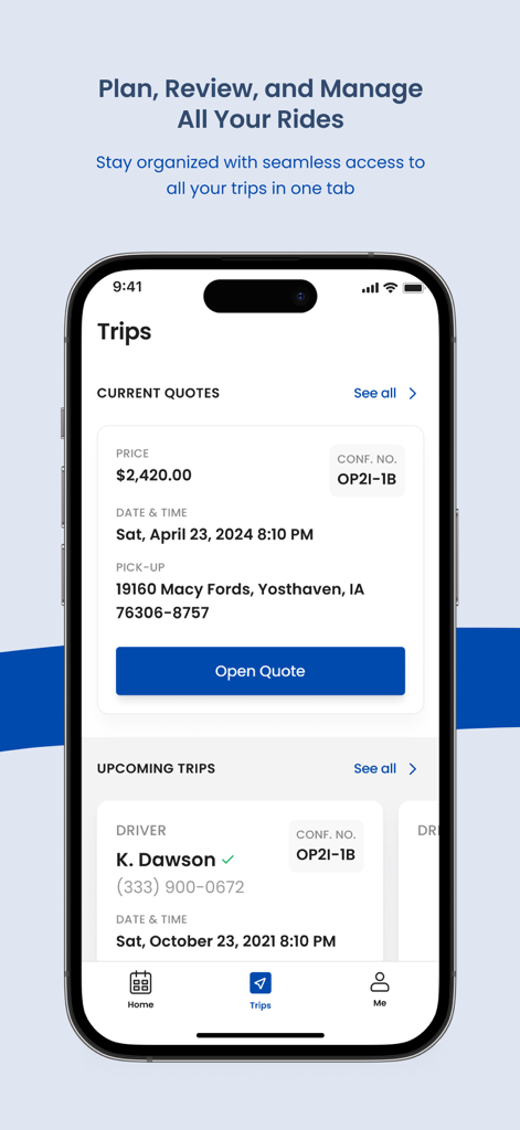 Ohare Airport Taxi - Smartphone interface of Ohare Airport Taxi app showing current quotes and upcoming trips.