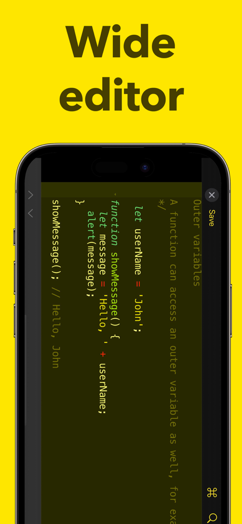 JavaScript Coding Editor IDE - JavaScript coding editor showing code in landscape mode on a smartphone