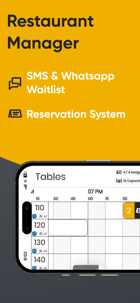 Carbonara App-Oberfläche für Restaurantmanager, die eine digitale Warteliste und ein Tischreservierungsverwaltungssystem auf einem Smartphone-Bildschirm anzeigt.