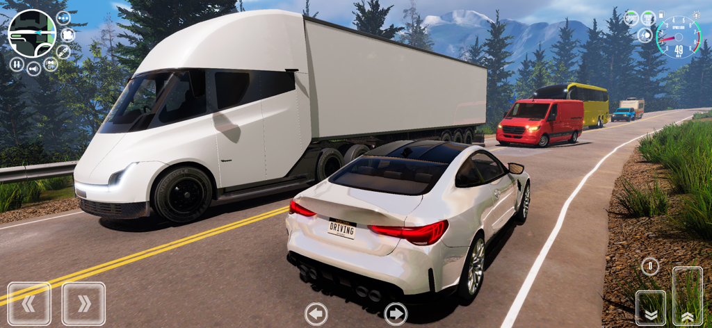 Driving School Simulator : EVO - A white sports car and a futuristic semi truck driving on a scenic mountain road in the simulator