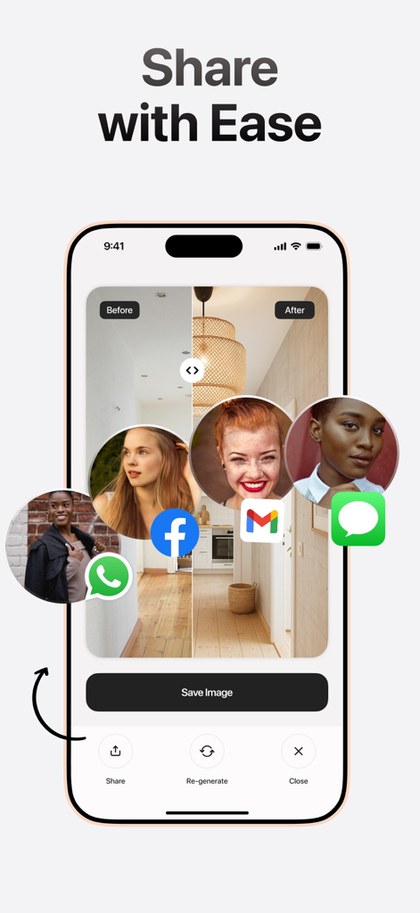 Oberfläche, die Vorher-Nachher-Raumdesigns mit Optionen zum Teilen in sozialen Medien für Facebook, WhatsApp und Gmail zeigt