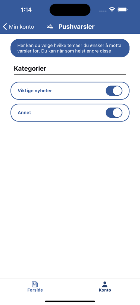 ØyBlikk - Push notification settings screen in the OyBlikk app with toggle switches for important news and other categories