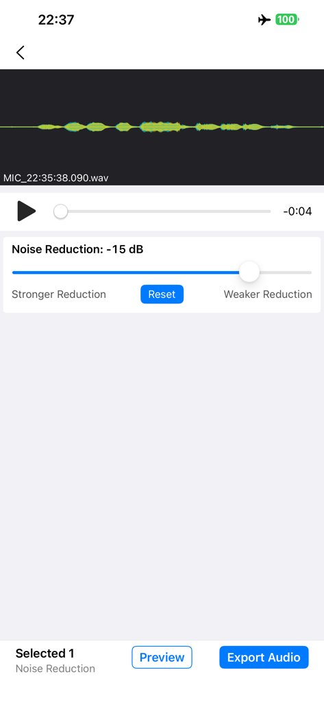 MP3Converter-Video2MP3 & Tools - Interface de l'application MP3Converter montrant les paramètres de réduction du bruit avec un curseur et un bouton d'exportation audio