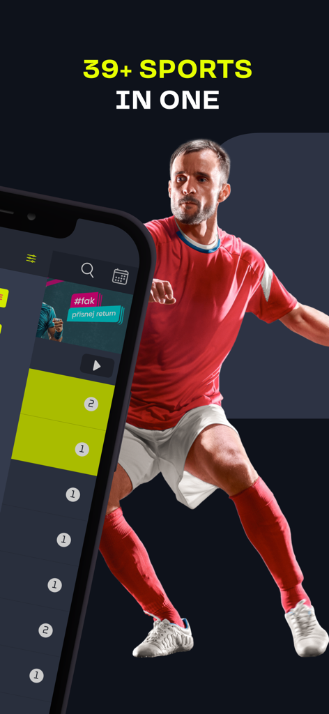 24live - Livescore - 24live app interface showing scores and coverage for 39 plus sports with a soccer player illustration