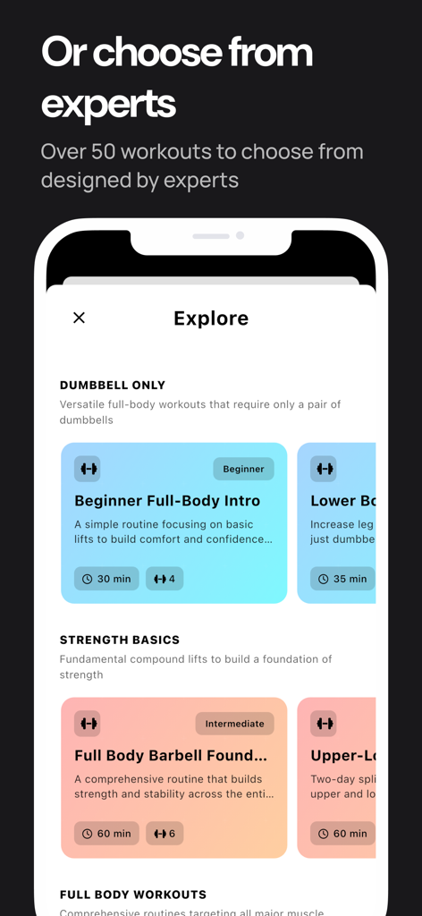 Pumped Workout Tracker Gym Log - The Explore screen of the Pumped app showing various expert-designed workout routines categorized by difficulty and equipment.