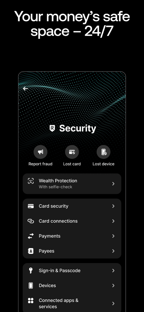 The Revolut security dashboard showing wealth protection and card security management options