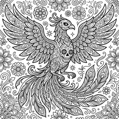 Embrace the fusion of myth and tradition with this captivating Day of the Dead Phoenix coloring page. Featuring intricate sugar skull motifs and vibrant floral designs, it offers a unique artistic journey.