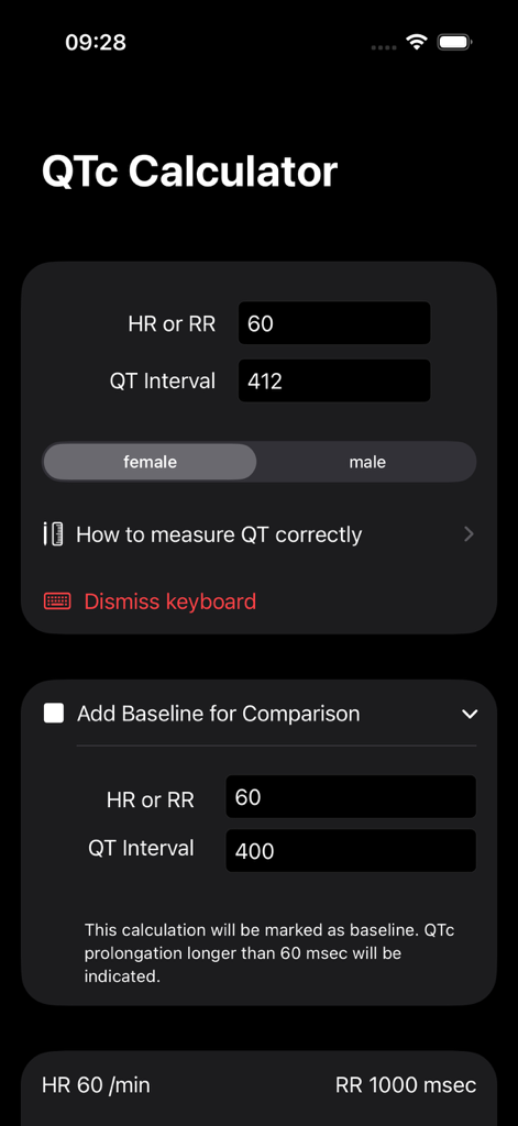 Interface of the QTc Calculator app showing heart rate and QT interval input fields with a baseline comparison feature
