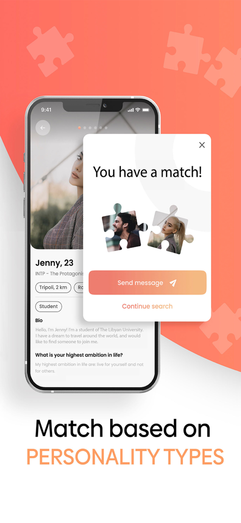 Ur My Type - Dating. Friends. - Pantalla de notificación de coincidencia de la aplicación Ur My Type que muestra compatibilidad basada en tipos de personalidad