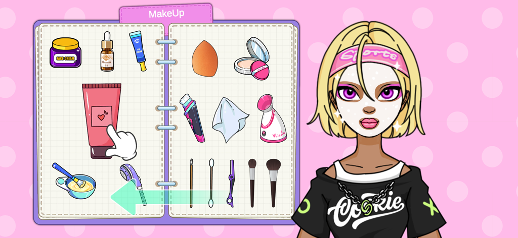 Skincare and makeup tools interface for a paper doll character wearing a face mask