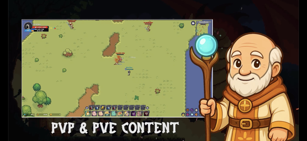 Grind Hero: MMORPG - Gameplay 2D de cima para baixo do MMORPG Grind Hero mostrando personagens em um campo com uma ilustração de um velho mago.