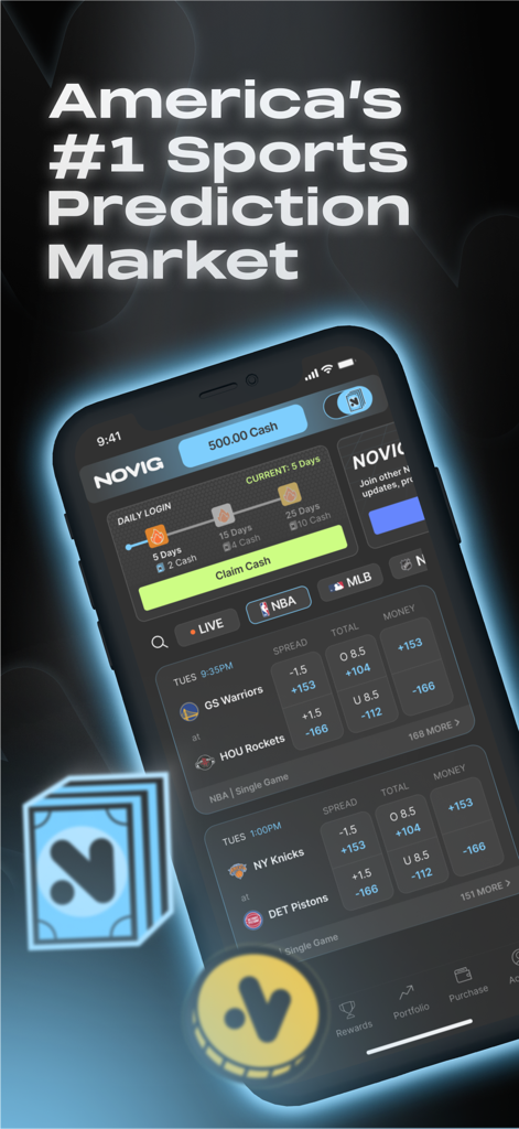 Novig app interface showing NBA prediction markets and daily cash rewards on a mobile device