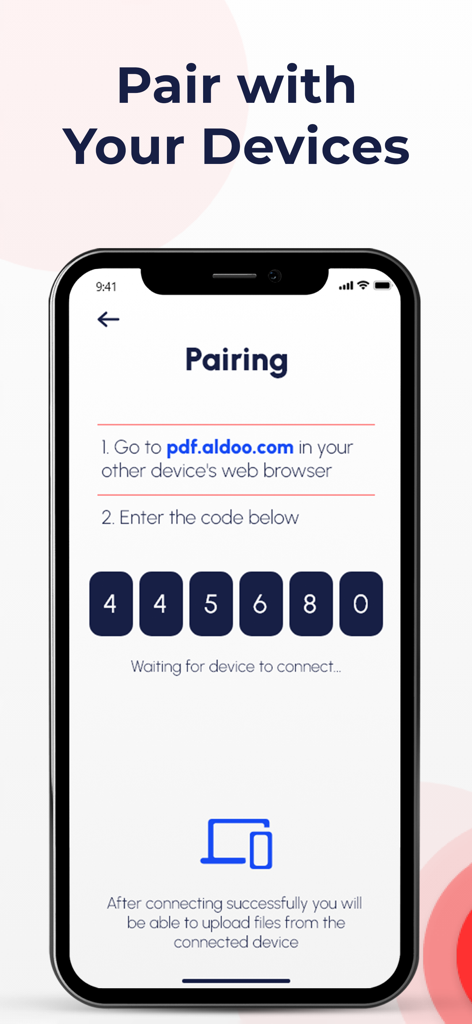 PDF Translate Pro - Schermata di accoppiamento in PDF Translate Pro che mostra un codice numerico per sincronizzare con altri dispositivi