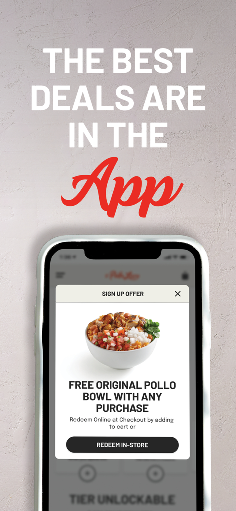 El Pollo Loco app screen showing a sign up offer for a free original pollo bowl with any purchase