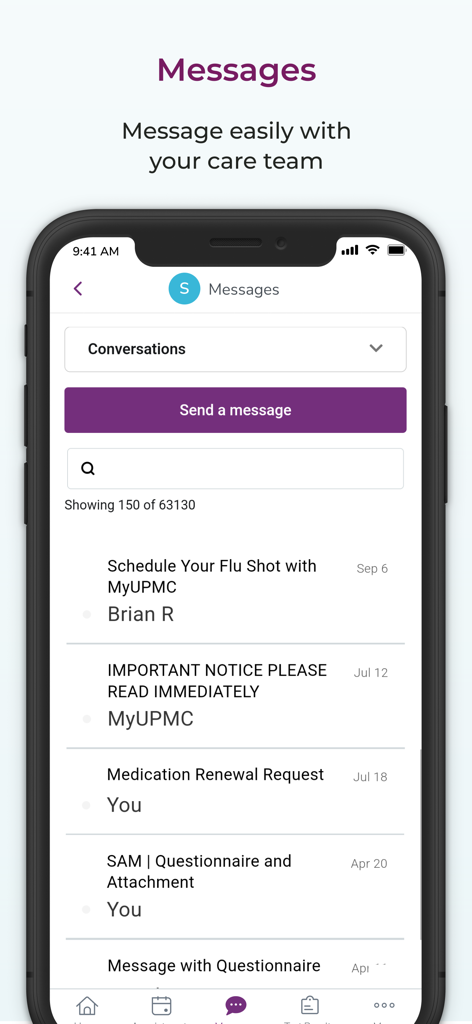 MyUPMC mobile app screen showing the messaging interface with options to contact healthcare providers and view conversation history.