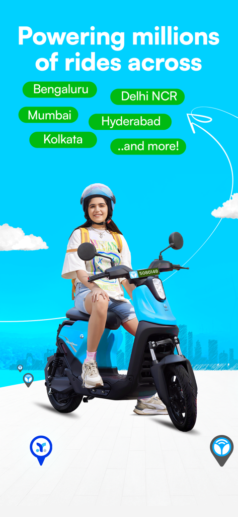 A young woman riding a blue Yulu electric scooter with a list of major Indian cities where the service is available