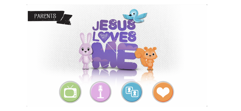 Menu principal de l'application Jésus m'aime pour enfants avec des animaux de dessin animé et des icônes interactives pour la musique et les jeux