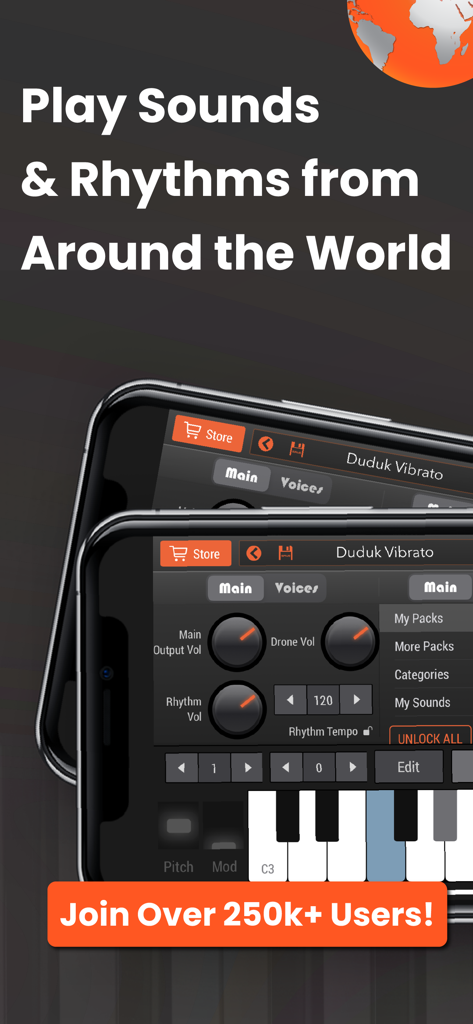 World Piano Notes & Drum Beats - World Piano mobile app interface displaying a Duduk instrument and various sound controls