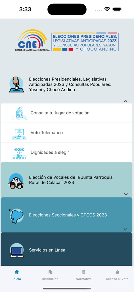 CNE App home screen showing voting information and election services for Ecuadorian citizens