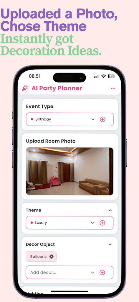 AI Party Planner & Designer - Screenshot of the AI Party Planner app showing the event setup screen with room photo upload and theme selection options.
