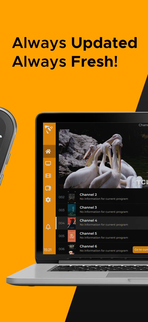 Interfaz de la aplicación Max Player en una pantalla de portátil mostrando una lista de canales de TV en vivo y reproductor de video